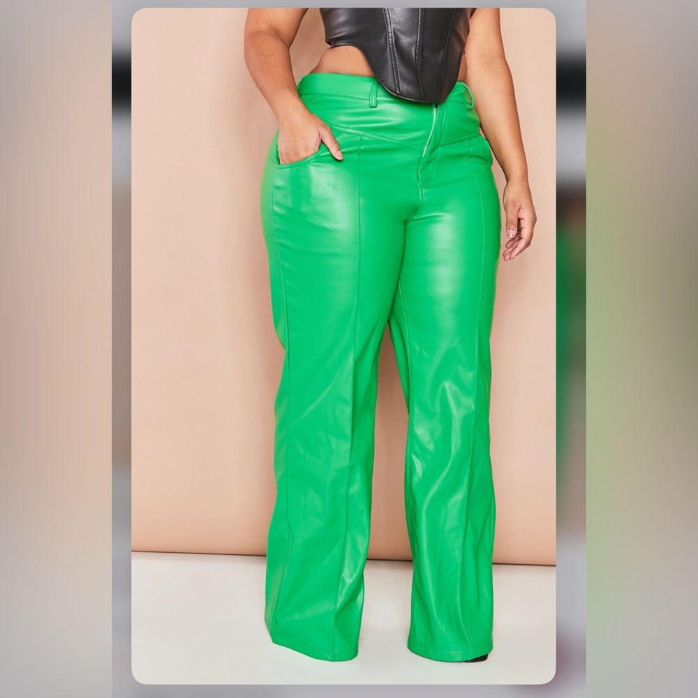 Bright green faux leather pants